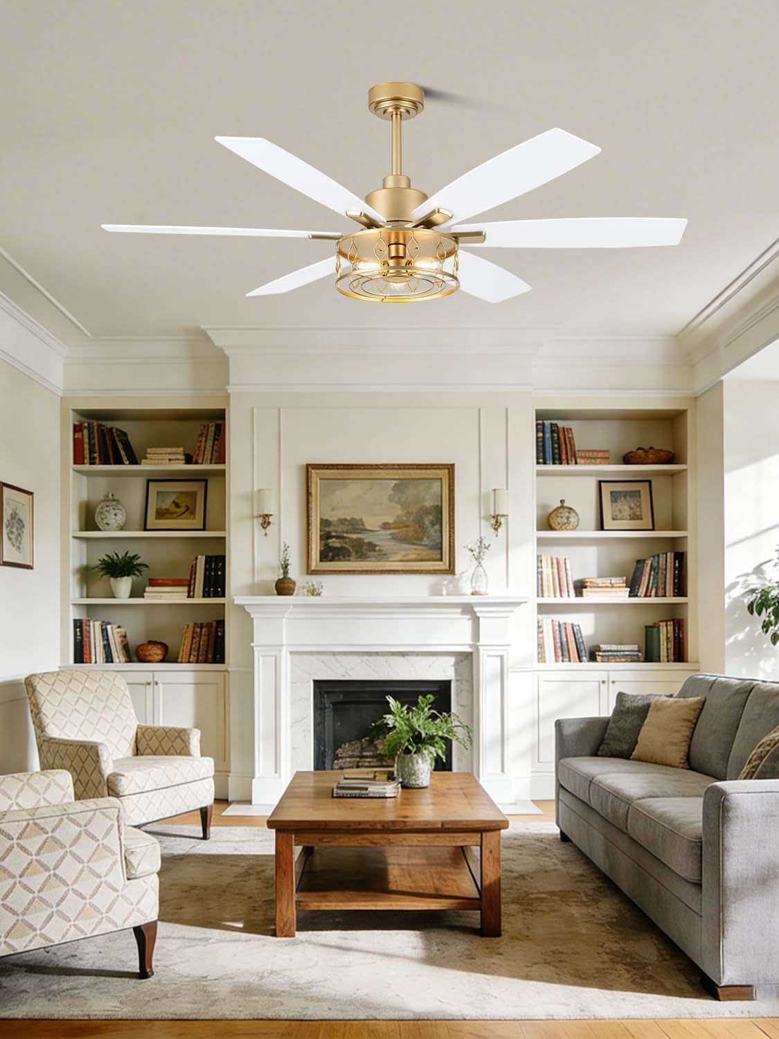60 Inch Modern Ceiling Fan with Light White and Gold Ceiling Fan Quiet and Reversible DC Motor Chandelier Fan for Living Room Bedroom Patio