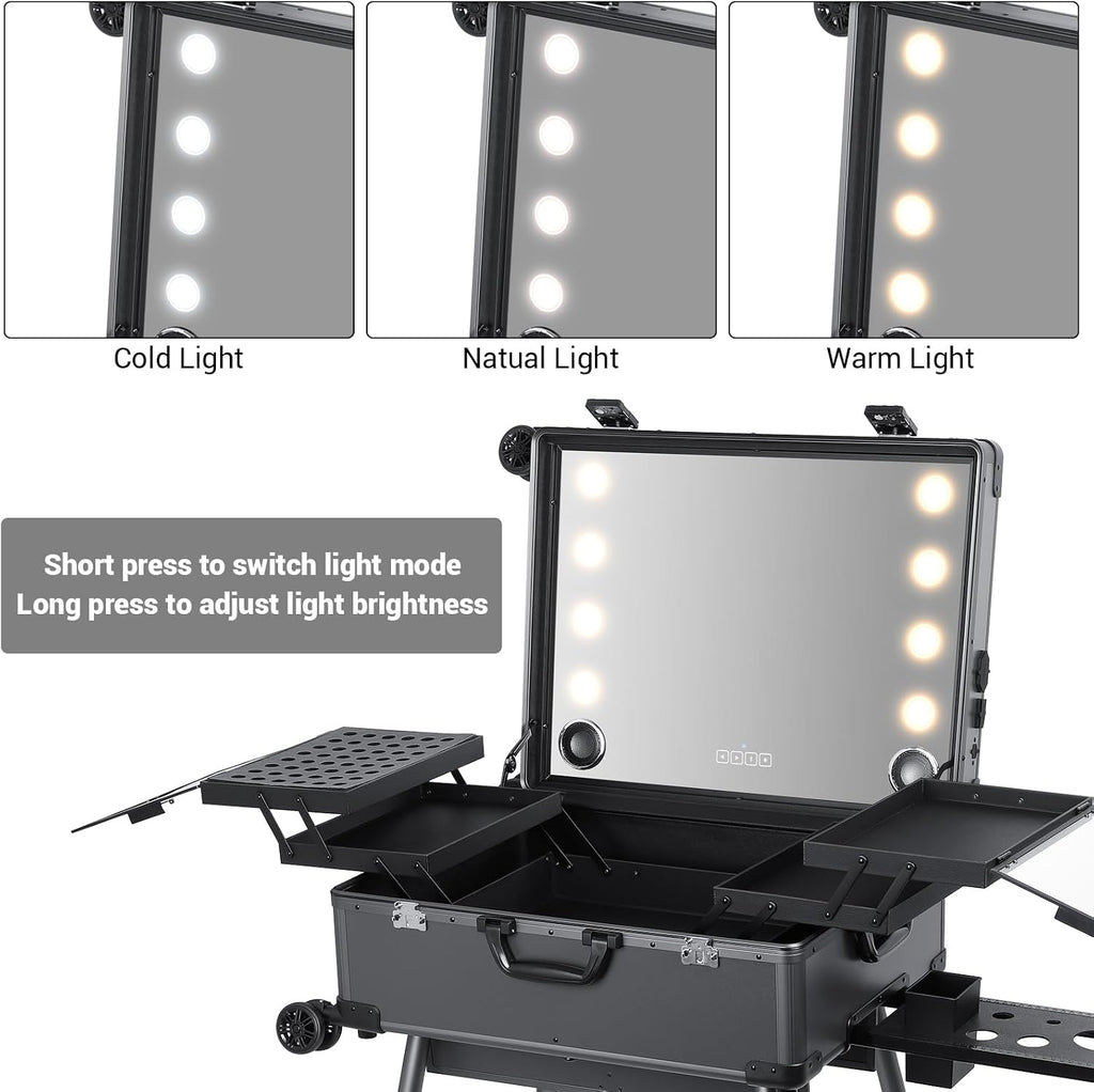 Rolling Makeup Train Case with Lighted Mirror and Bluetooth Speaker Professional Cosmetic Organizer Case with Wheels, Stands Portable Makup Station Vanity for Travel (Gray, Large)