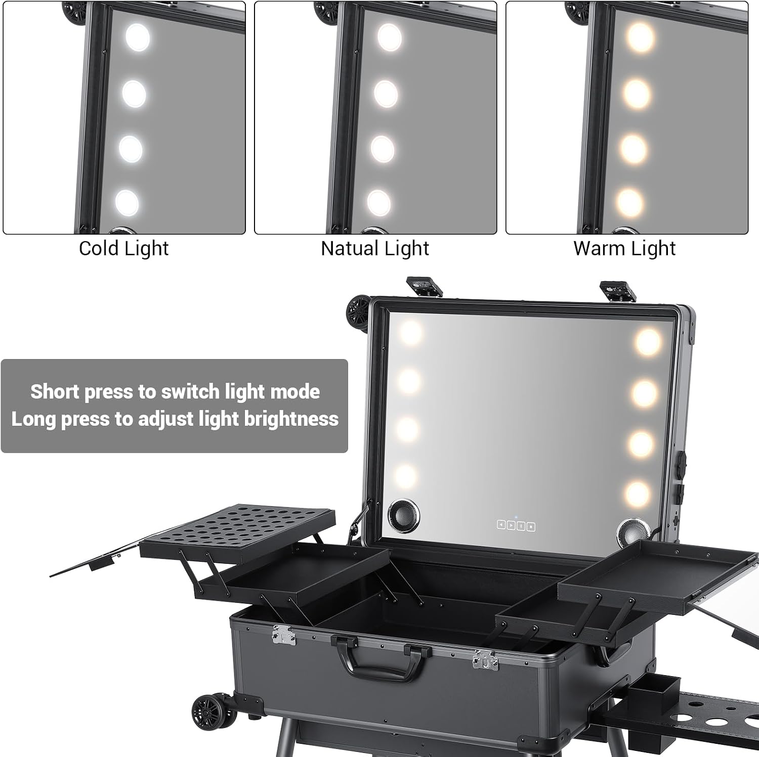 Rolling Makeup Train Case with Lighted Mirror and Bluetooth Speaker Professional Cosmetic Organizer Case with Wheels, Stands Portable Makup Station Vanity for Travel (Gray, Large)