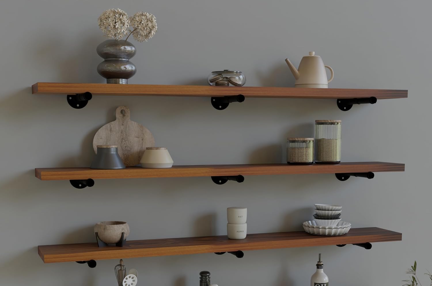 HDDFER Industrial Pipe Wall Wood Shelves,Real Wooden Shelves 48' in Special Brown Color with 1.2' Extra Thickness, Modern Floating Shevles Bookshelf Shelving Units for Rustic Farmhouse Decor