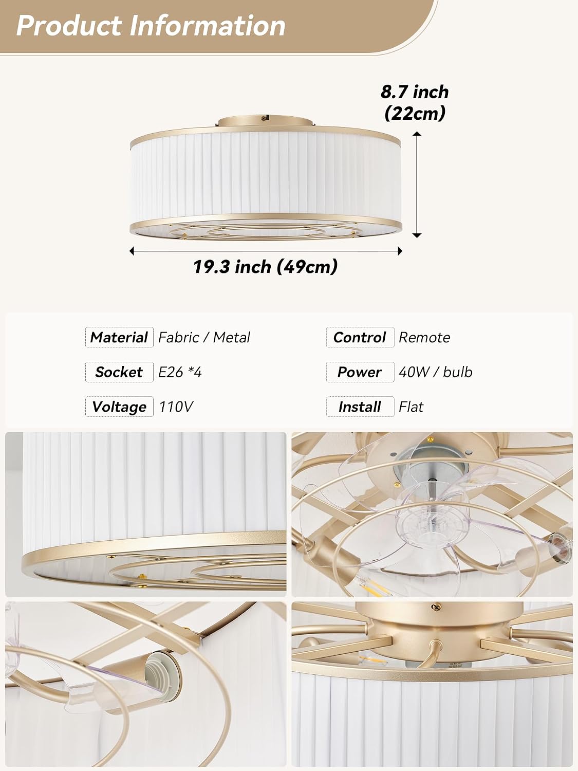 Boho Ceiling Fan with Light Flush Mount, 20' Gold Caged Ceiling Fan with Lights Remote Control, Bladeless Ceiling Fans 6 Speeds for Bedroom, Living Room, Nursery