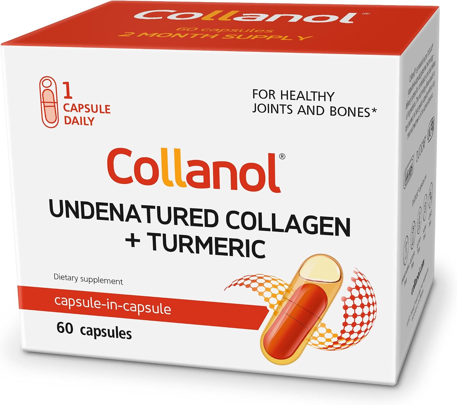 Collanol - Innovation in The Care of Healthy Joints – Liquid Formula in a Double Capsule. 3D Collagen + Micelle Extract of Turmeric Roots 1 Capsule/Day. Laboratory Tested