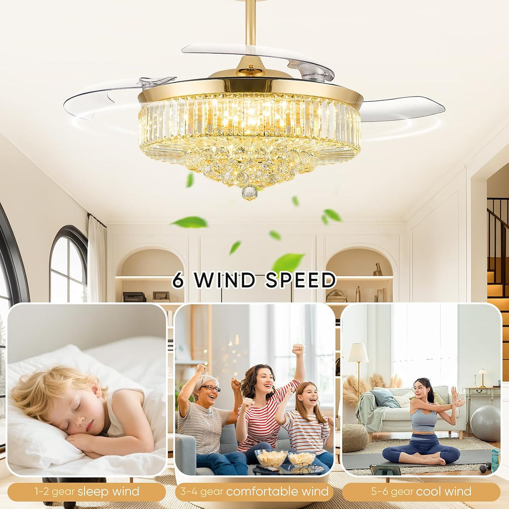 FIDGRA 52 Inch Fandelier Ceiling Fan with Light, Retractable Chandelier Fan, 3 Color Temperature, 6 Wind Speed, Crystal Ceiling Fan for Bedroom Living Room Dining Room-Gold