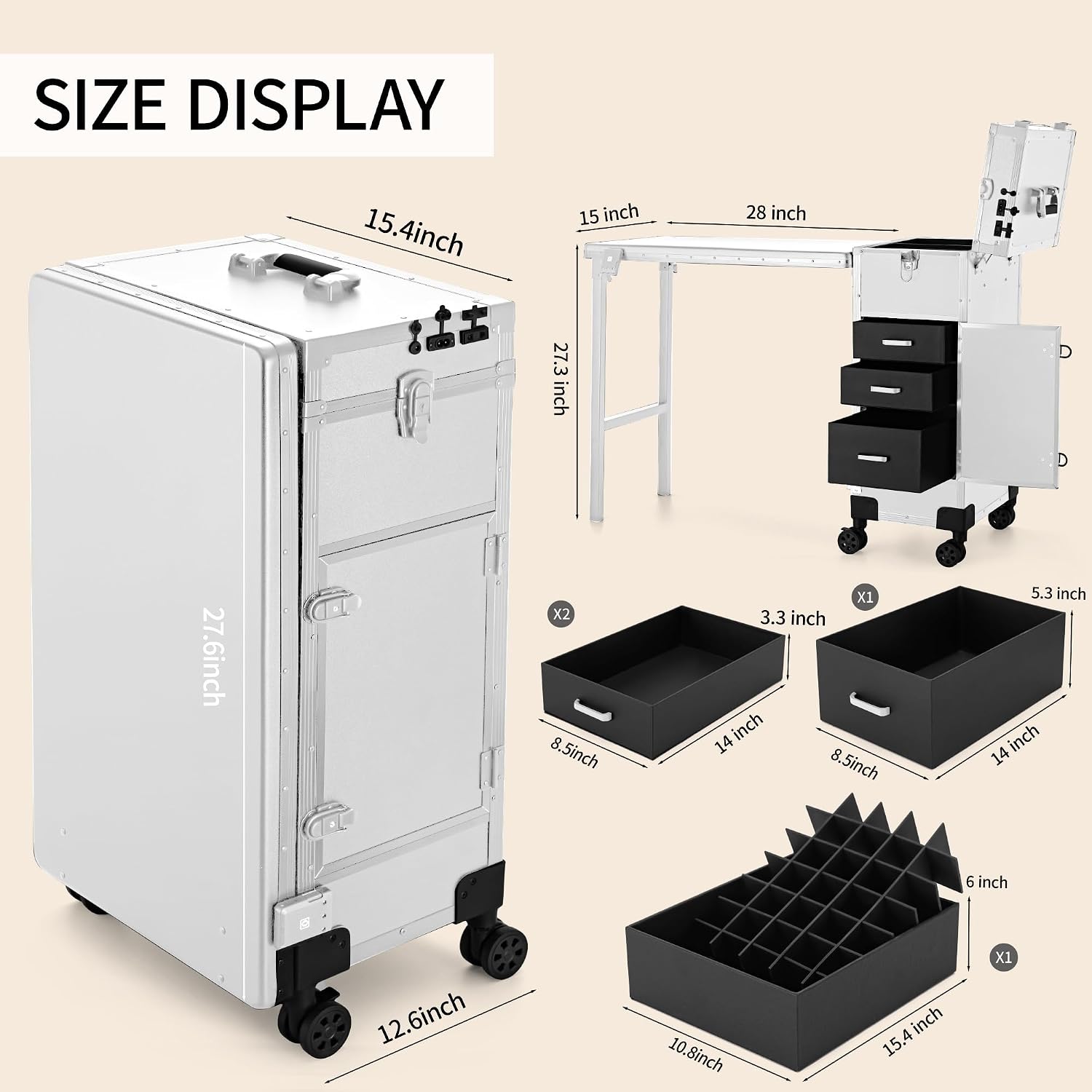 Portable Manicure Table 3 Drawers, Rolling Lockable Makeup Train Case with Blueteeth Speaker and Nail Polish Organizer, Foldable Nail Desk with Mirror & TSA Lock for Nail Tech and Salon Use