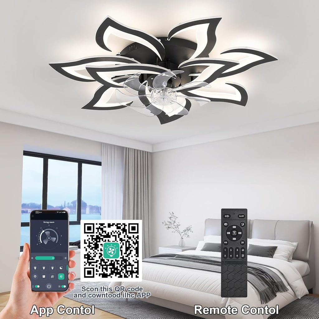 32' Black Flower Ceiling Fan with Lights Remote Control, Modern LED Low Profile Flush Mount Ceiling Fan with Light for Kitchen Bedroom Living Room