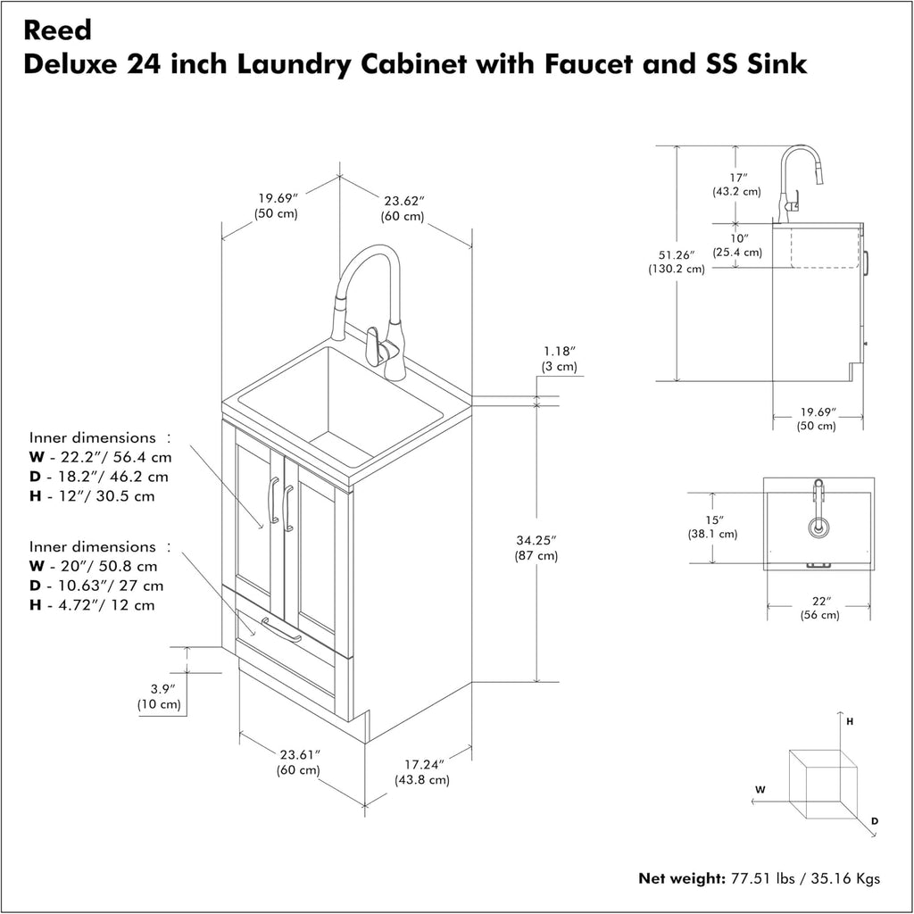 SIMPLIHOME Reed All-in-One 24 inch Wide Utility Sink and Laundry Cabinet in Pure White Finish, Transitional Stainless Steel Sink Cabinet for Laundry Rooms with High-Arch Chrome Faucet and Storage