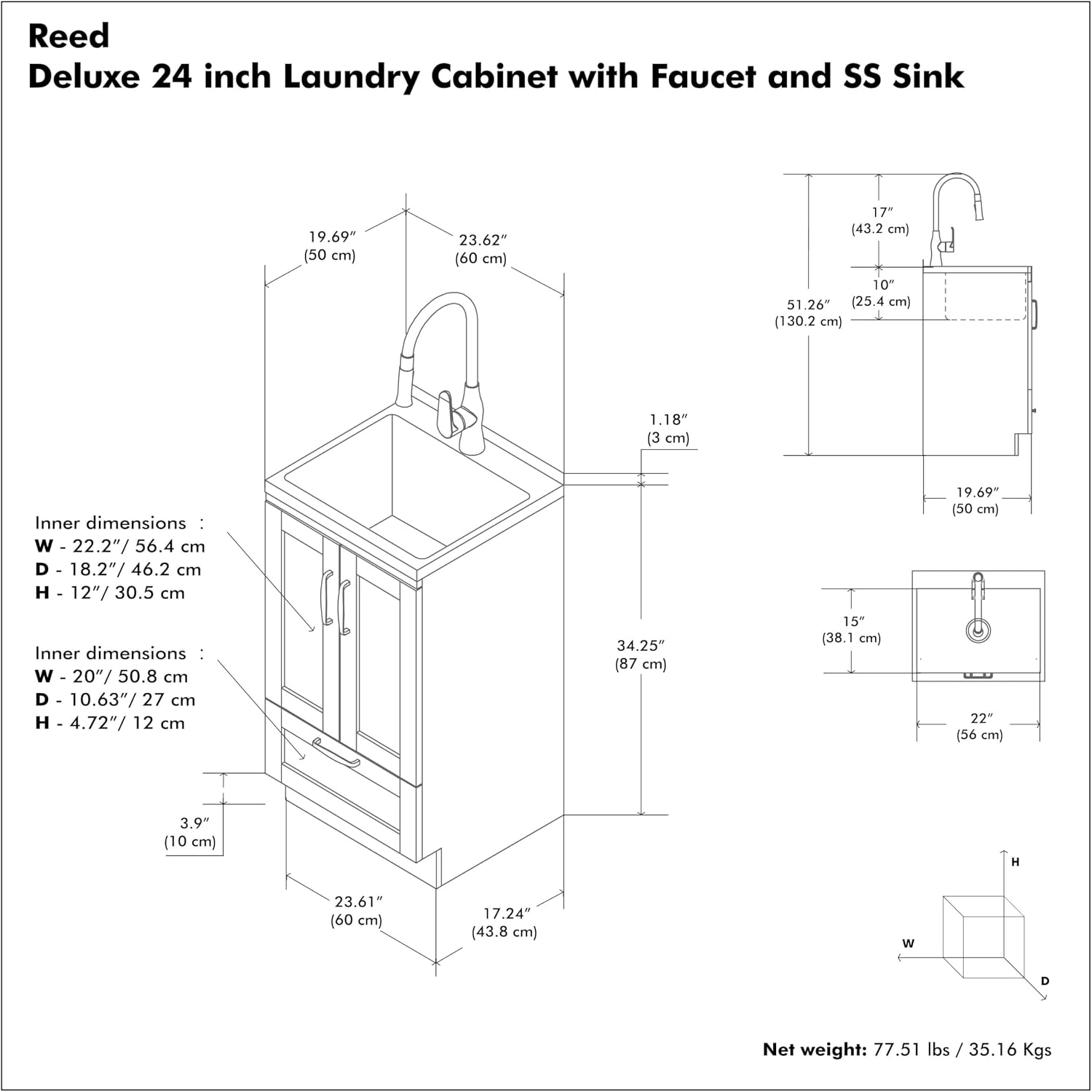 SIMPLIHOME Reed All-in-One 24 inch Wide Utility Sink and Laundry Cabinet in Pure White Finish, Transitional Stainless Steel Sink Cabinet for Laundry Rooms with High-Arch Chrome Faucet and Storage