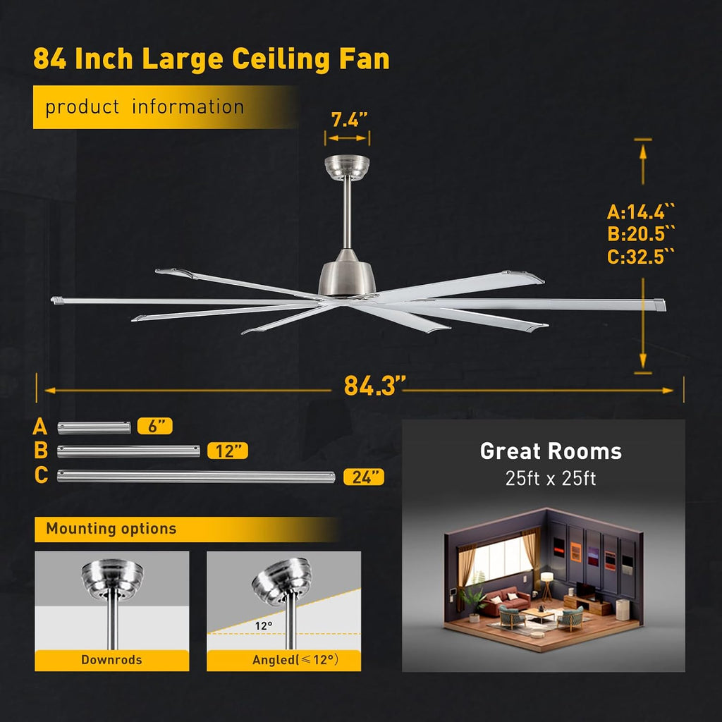Minislak 84 Inch Ceiling Fan No Light with 8 Brushed Nickel Aluminum Blades,Industrial DC Motor Fan Quiet Operation with Remote,6 Speeds,Large Indoor Outdoor Ceiling Fan for Garage,Patio,Living Room