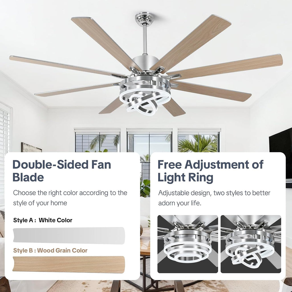 72' Ceilling Fans with Lights, Chandelier Fan Modern DC Motor Dimmable Led Fandelier Ceiling Fan with Light for Bedroom, Living Room, Indoor/Outdoor, Silver