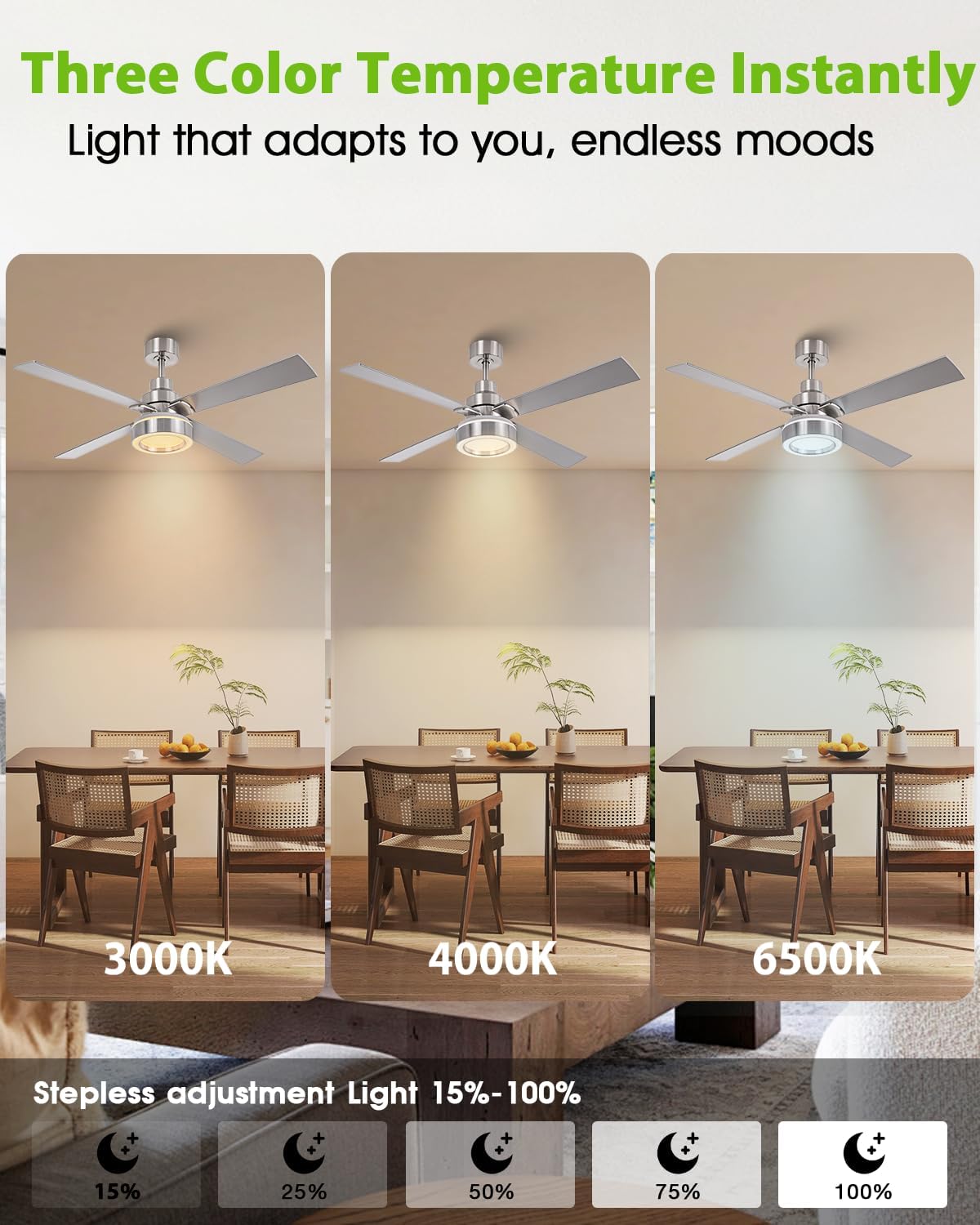 60 Inch Large Brushed Nickel Ceiling Fans with Lights and Remote/APP - Modern Sleek Indoor Outdoor Ceiling Fan for House, Living Room, Shop, Garage Silver Ceiling Fan, 3CCT Dimmable, 6 Speeds