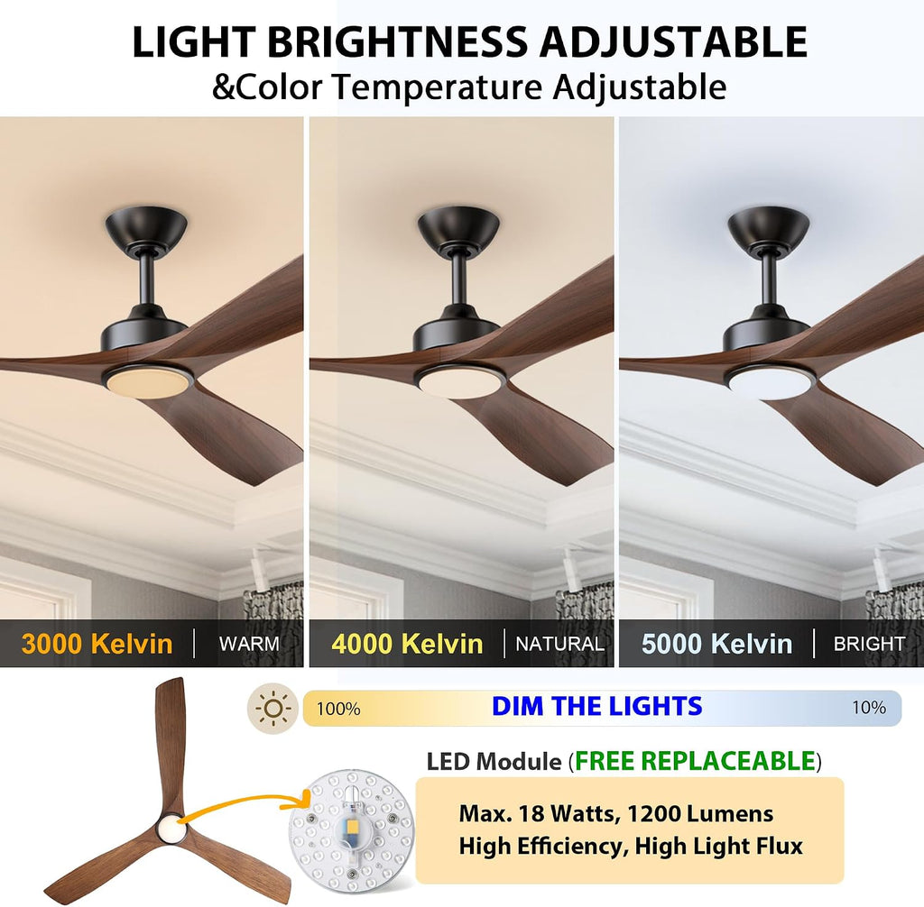 Ceiling Fans with Lights and Remote, 60 Inch Farmhouse Ceiling Fan with Light for Bedroom Living Room Flush Mount Outdoor Fans for Patios, Dimmable LED Chandelier, Reversible 3 Blades, Walnut, ETL