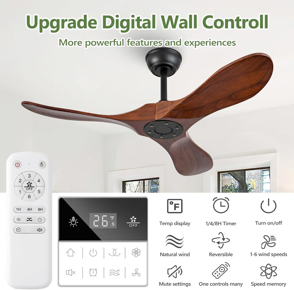 42 Inch Small Wooden Ceiling Fan Without Lights, 3 Blade Propeller, Remote Control, Walnut Finish, Indoor/Outdoor, Living Room, Bedroom, Porch, Farmhouse