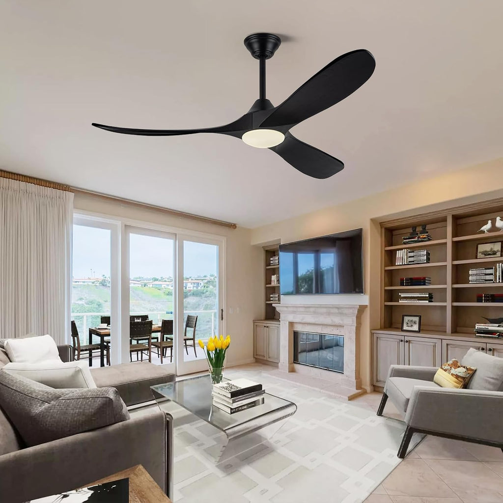52 Inch Black Ceiling Fans with Lights, Modern Ceiling Fan for Patios with Remote Control, 3 Blades Large Airflow Damp Rated Wood Ceiling Fan for Farmhouse Bedroom, High Low Sloped Ceiling