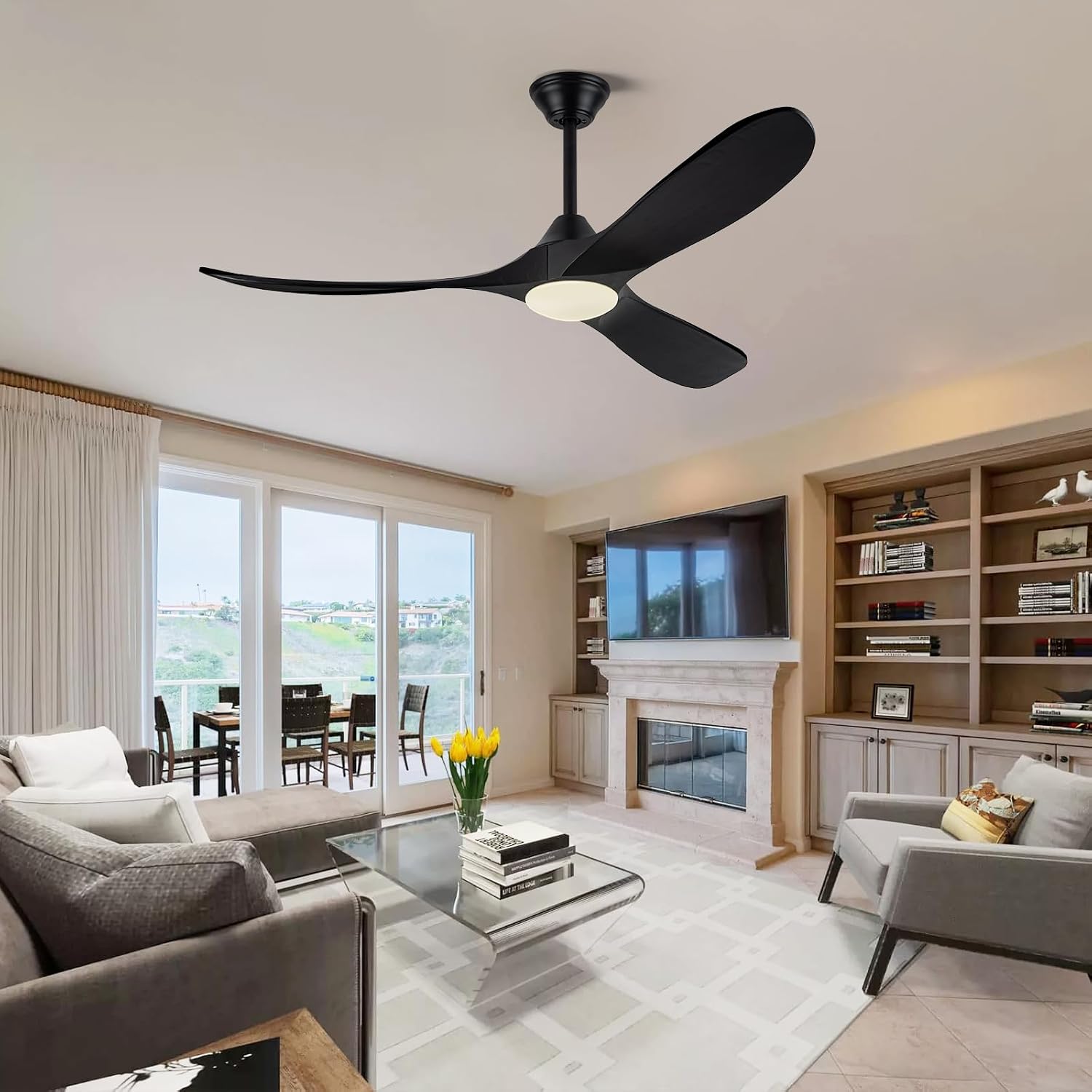 52 Inch Black Ceiling Fans with Lights, Modern Ceiling Fan for Patios with Remote Control, 3 Blades Large Airflow Damp Rated Wood Ceiling Fan for Farmhouse Bedroom, High Low Sloped Ceiling