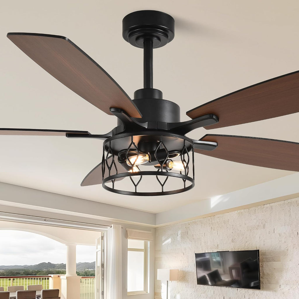 52'' Caged Ceiling Fans with Lights and Remote Control,Reversible DC Motor,5 Double Colour Blades,Rustic Farmhouse Ceiling Fan for Living Room,Dining Room,Bedroom