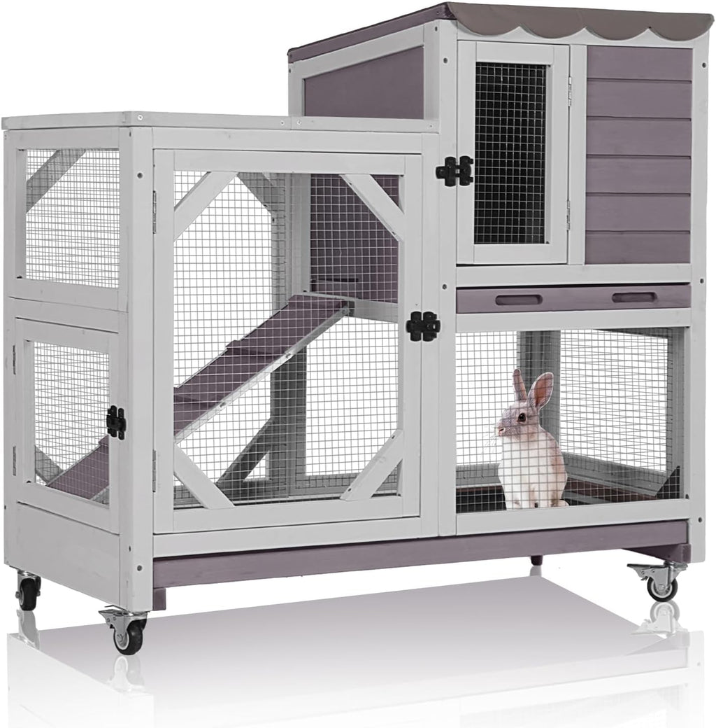 GUTINNEEN 2-Story Rabbit Hutch Indoor with Chew-Proof Design & Slide-Out Trays - Wooden Small Animal Cage Guinea Pig Cages with Lockable Wheels for 2-3 Rabbits, Bunnies, Guinea Pigs (Grey)