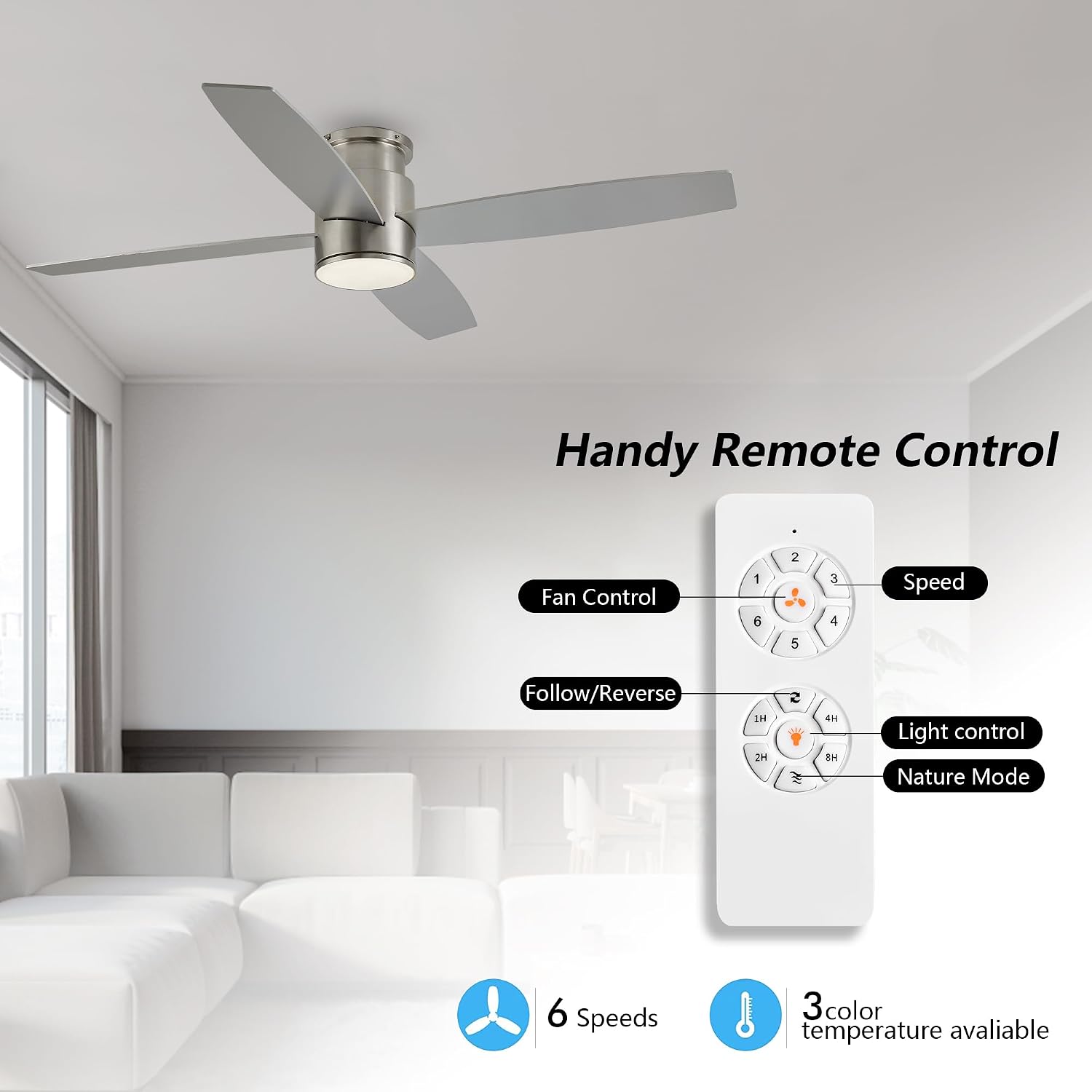 WINGBO 44 Inch Flush Mount DC Ceiling Fan with Lights and Remote, 4 Reversible Blades, Ultra Quiet 6-Speed DC Motor, Hugger Low Profile Indoor Ceiling Fan, Brushed Nickel Finish