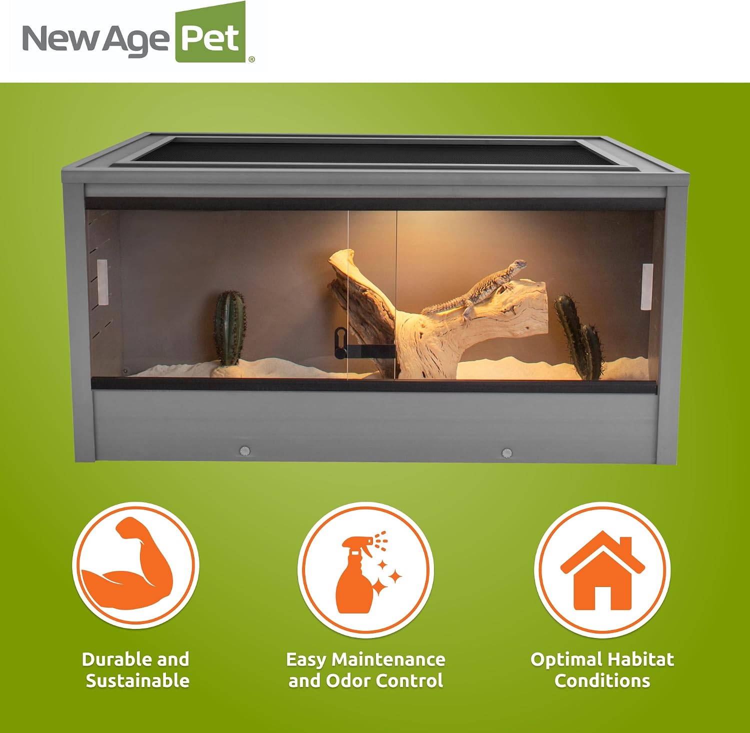 New Age Pet ECOFLEX 36' Wide Medium Reptile Habitat, Mojave Lounge for Snakes, Tortoises & Lizards in Maple, Black & Grey, Easy Assembly, Sliding Glass Doors & Mesh Top