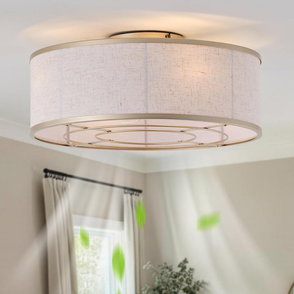 Gold Flush Mount Ceiling Fans with Lights, 20' Caged Boho Ceiling Fan with Light and Remote, Bladeless with 6 Speeds for Bedroom, Nursery, Living Room