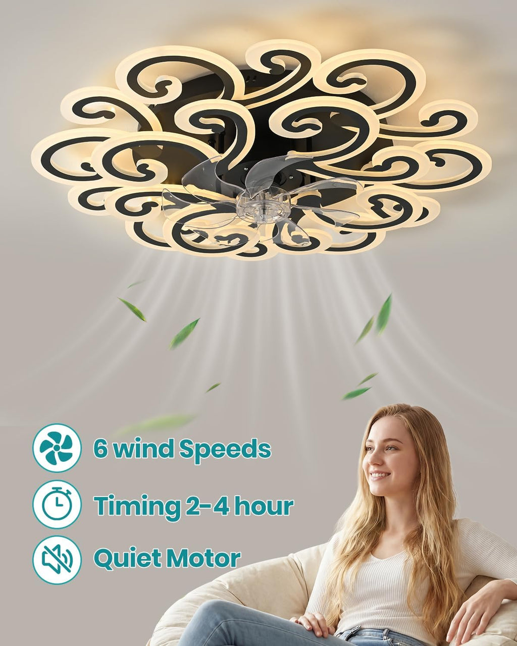 Modern LED Ceiling Light with Decorative Swirl Design, Energy-Efficient Ceiling Fan Lamp, Stylish Black and White Ceiling Light Fixture for Living Room, Bedroom, or Office