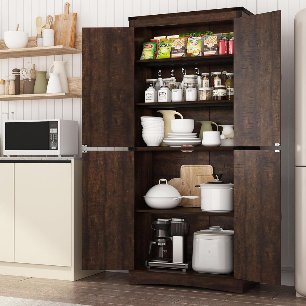 chartustriable 71in Farmhouse Kitchen Pantry Cabinet,Tall Storage Cabinet with 4 Doors and Adjustable shelves,with Load-Bearing Steel Pipe,Wood Storage Cabinets for Kitchen,Dining Room,Bathroom(Brown)