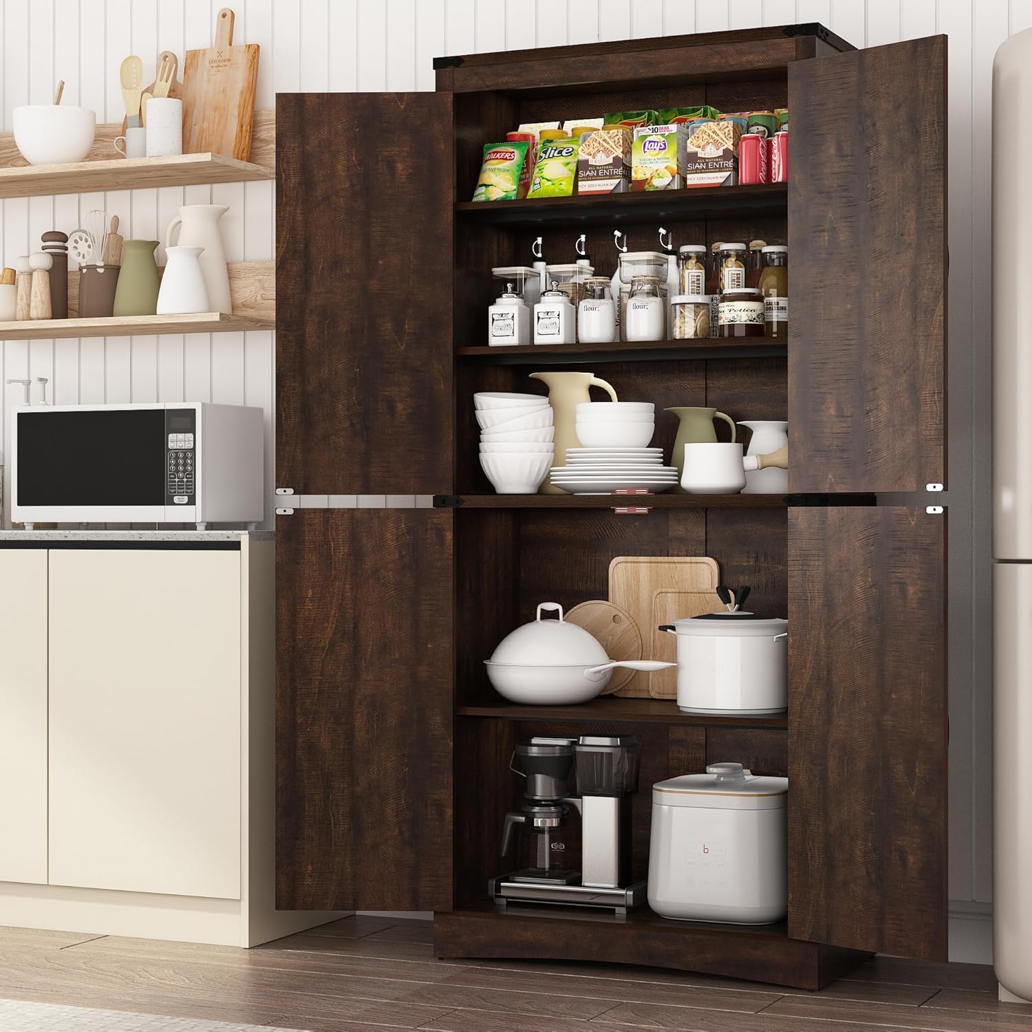 chartustriable 71in Farmhouse Kitchen Pantry Cabinet,Tall Storage Cabinet with 4 Doors and Adjustable shelves,with Load-Bearing Steel Pipe,Wood Storage Cabinets for Kitchen,Dining Room,Bathroom(Brown)