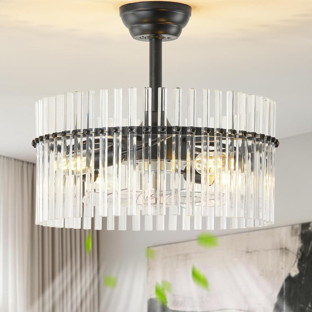 SYDACG 20' Black and Clear Crystal Fandelier Ceiling Fan with Light, Mid-Century Chandelier Ceiling Fan with Light Remote Control, 6 Speeds for Bedroom, Nursery, Living Room