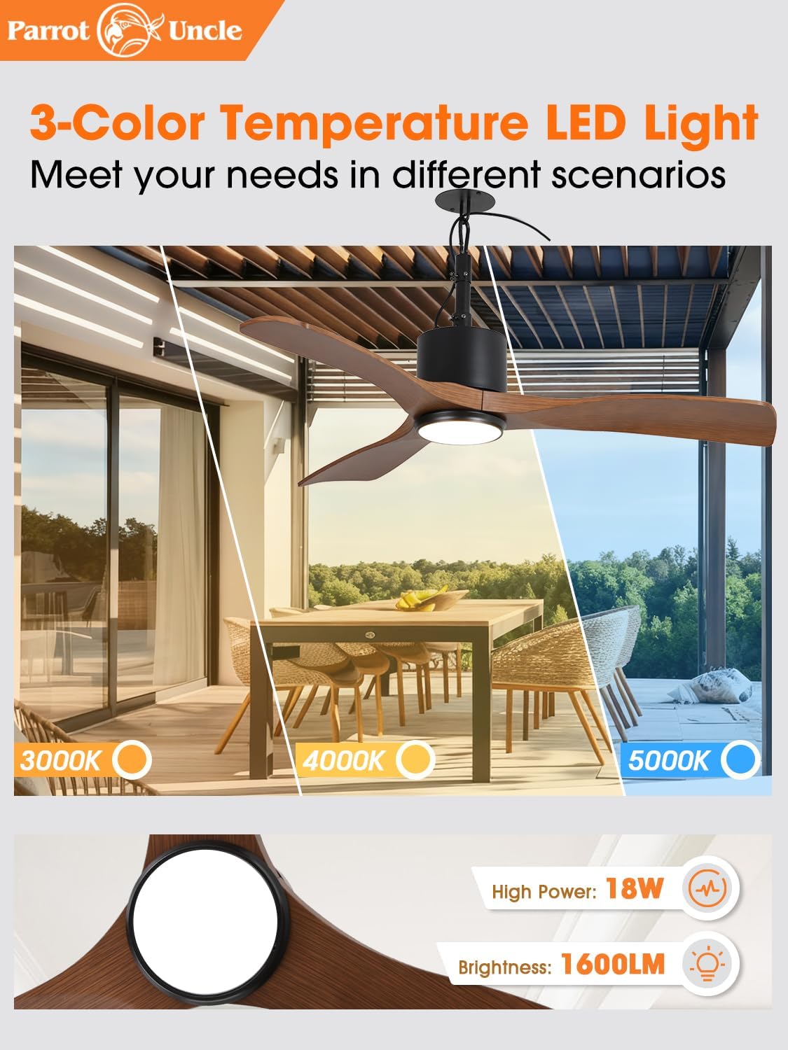 Parrot Uncle 42 Inch Outdoor Ceiling Fan with Light, IP65 Ceiling Fans with Lights and Remote, 3CCT 6-Speed Quite DC Motor, Wet Rated Plug in Ceiling Fan for Patios Porch Pergola (Walnut & Black)
