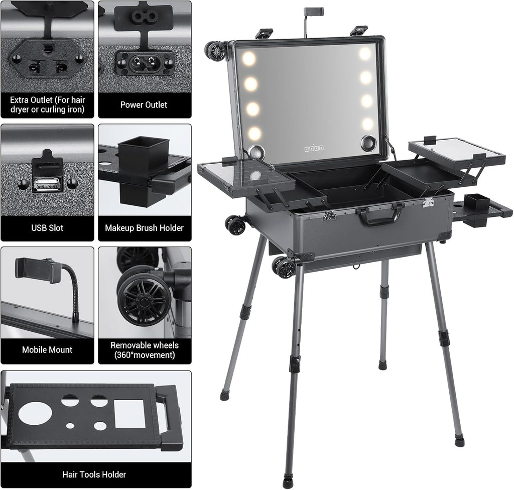 Rolling Makeup Train Case with Lighted Mirror and Bluetooth Speaker Professional Cosmetic Organizer Case with Wheels, Stands Portable Makup Station Vanity for Travel (Gray, Large)