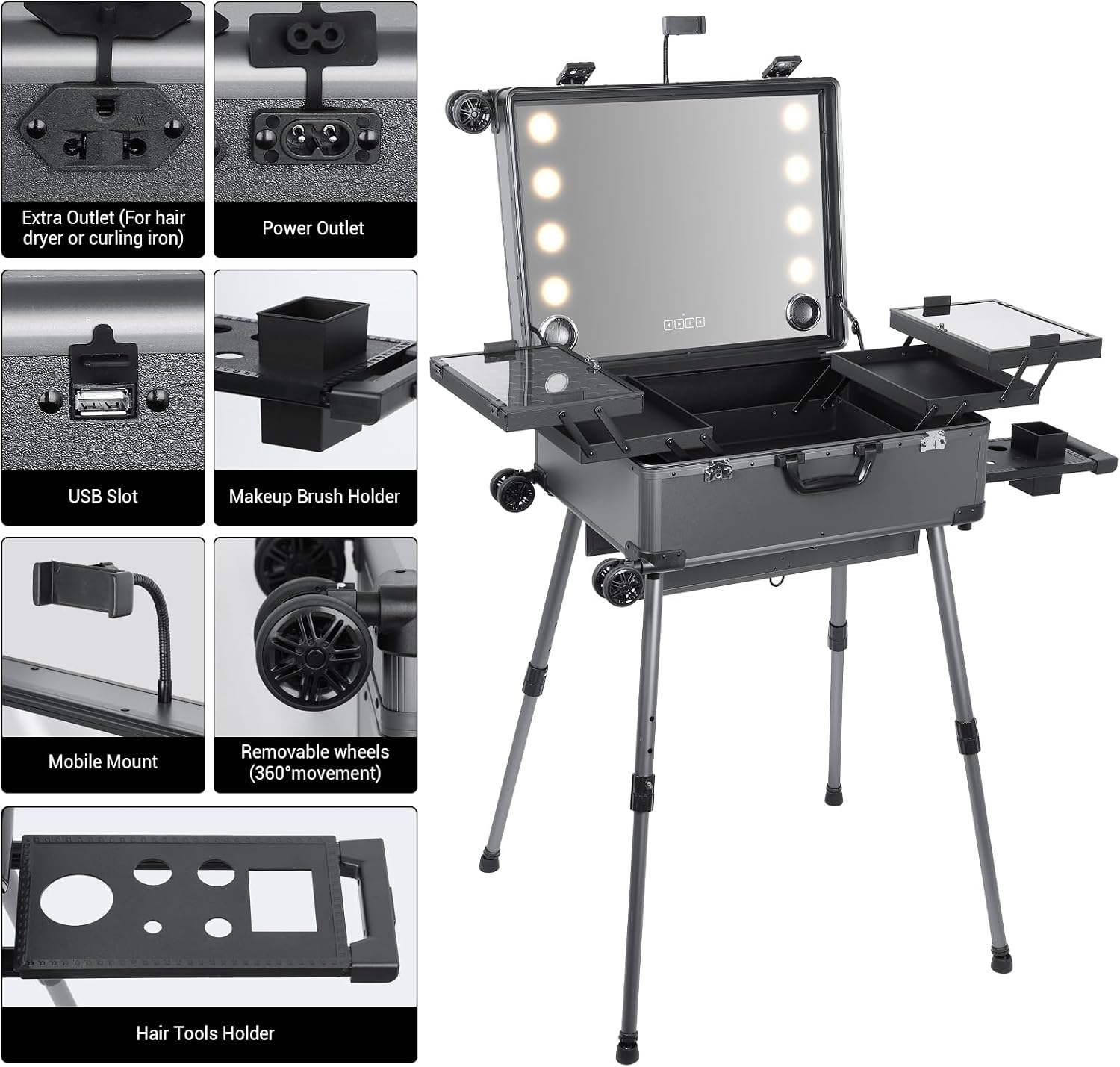 Rolling Makeup Train Case with Lighted Mirror and Bluetooth Speaker Professional Cosmetic Organizer Case with Wheels, Stands Portable Makup Station Vanity for Travel (Gray, Large)
