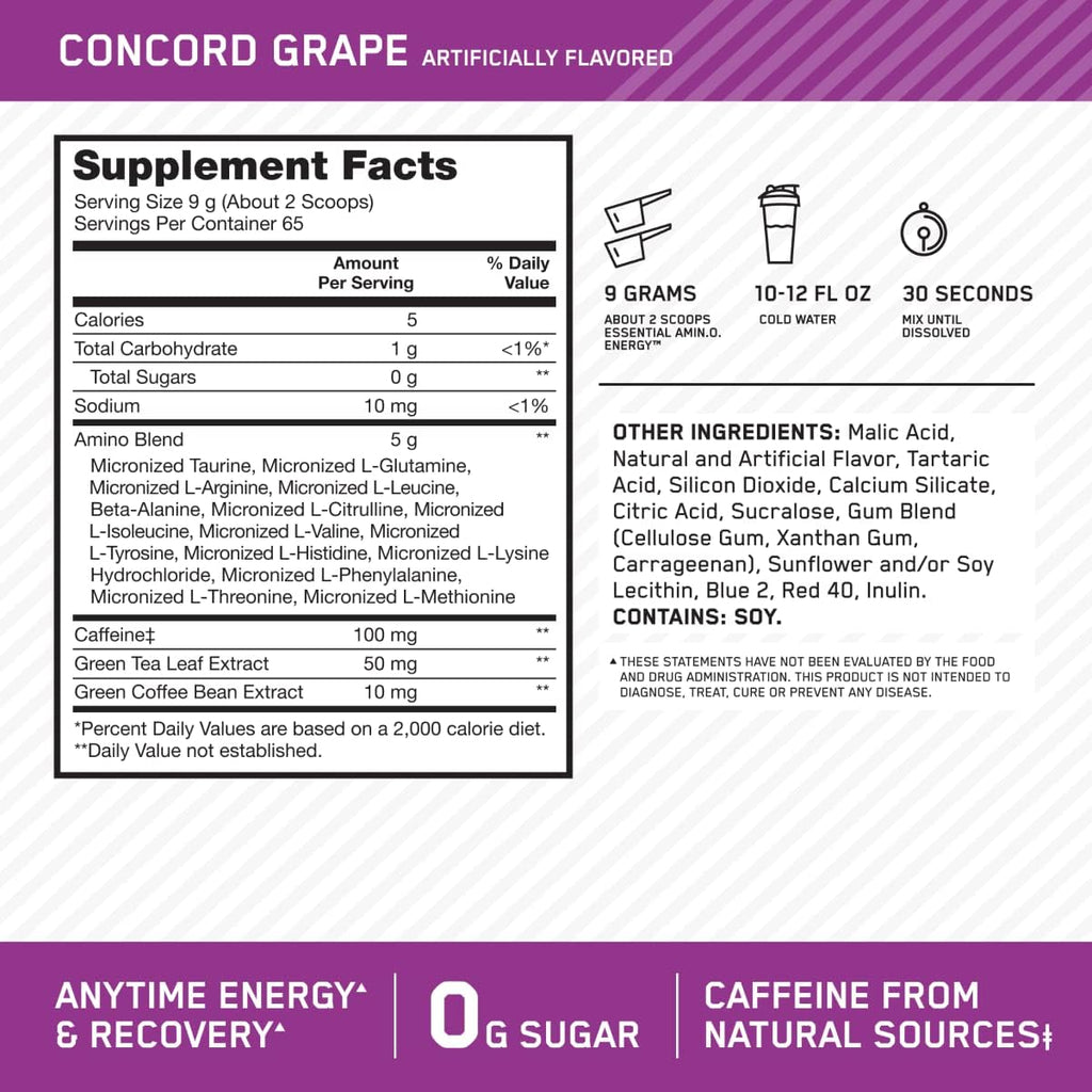Optimum Nutrition Amino Energy - Pre Workout with Green Tea, BCAA, Amino Acids, Keto Friendly, Green Coffee Extract, Energy Powder - Concord Grape, 65 Servings (Packaging May Vary) (Pack of 6)