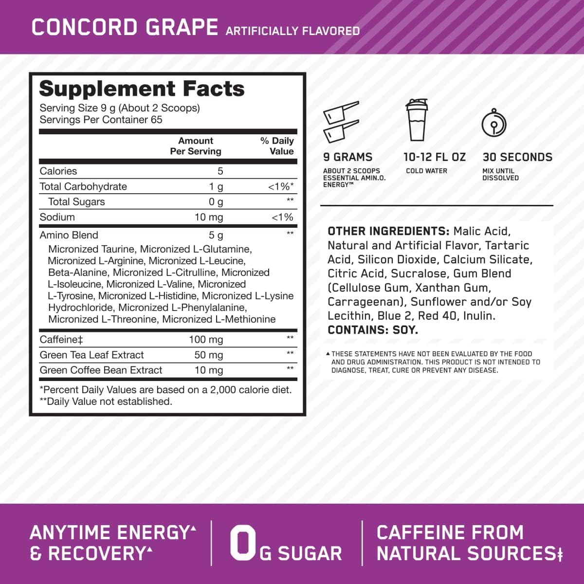 Optimum Nutrition Amino Energy - Pre Workout with Green Tea, BCAA, Amino Acids, Keto Friendly, Green Coffee Extract, Energy Powder - Concord Grape, 65 Servings (Packaging May Vary) (Pack of 6)