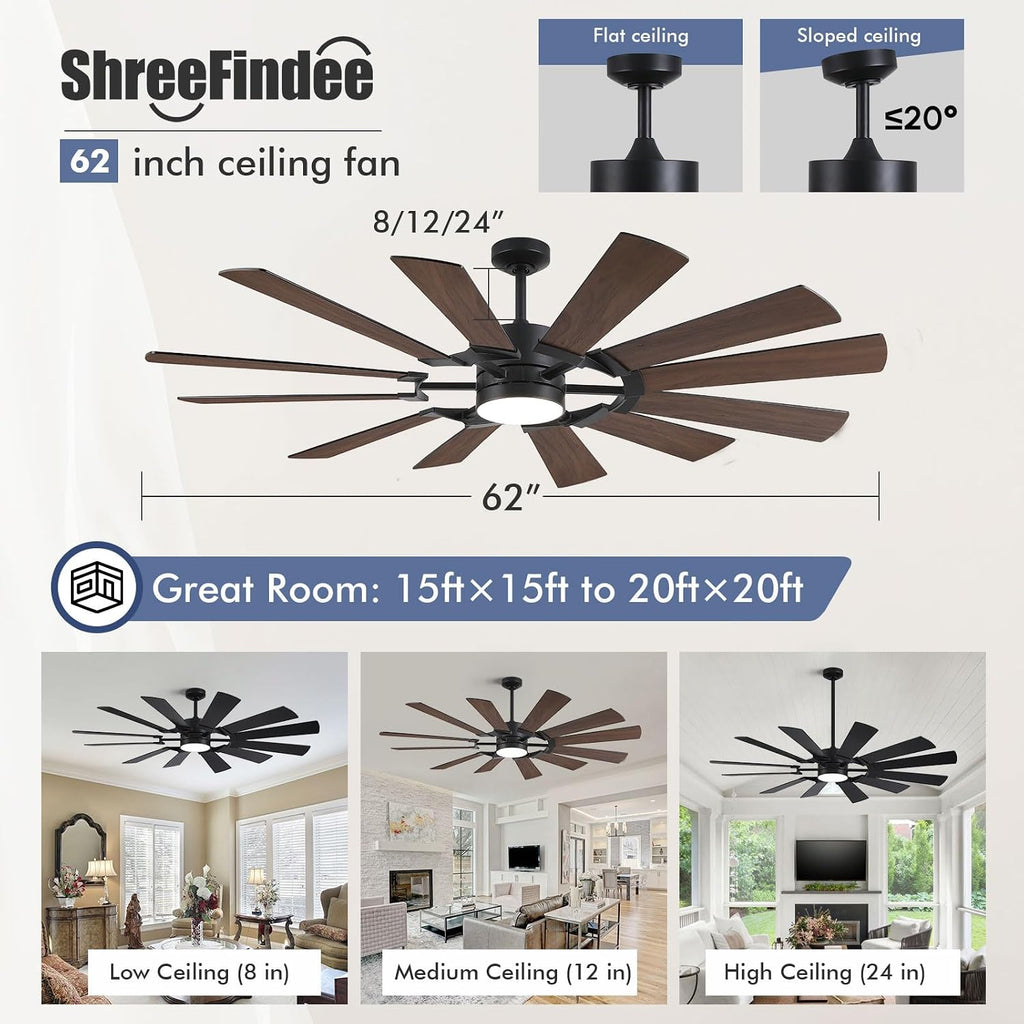 62 Inch Outdoor Ceiling Fans with Lights Remote, Modern Black Industrial Ceiling Fan with Light 6 Speed Quiet Reversible DC Motor for Patio Porch Shop Garage, Indoor/Exterior, 12 Dual-finish Blade