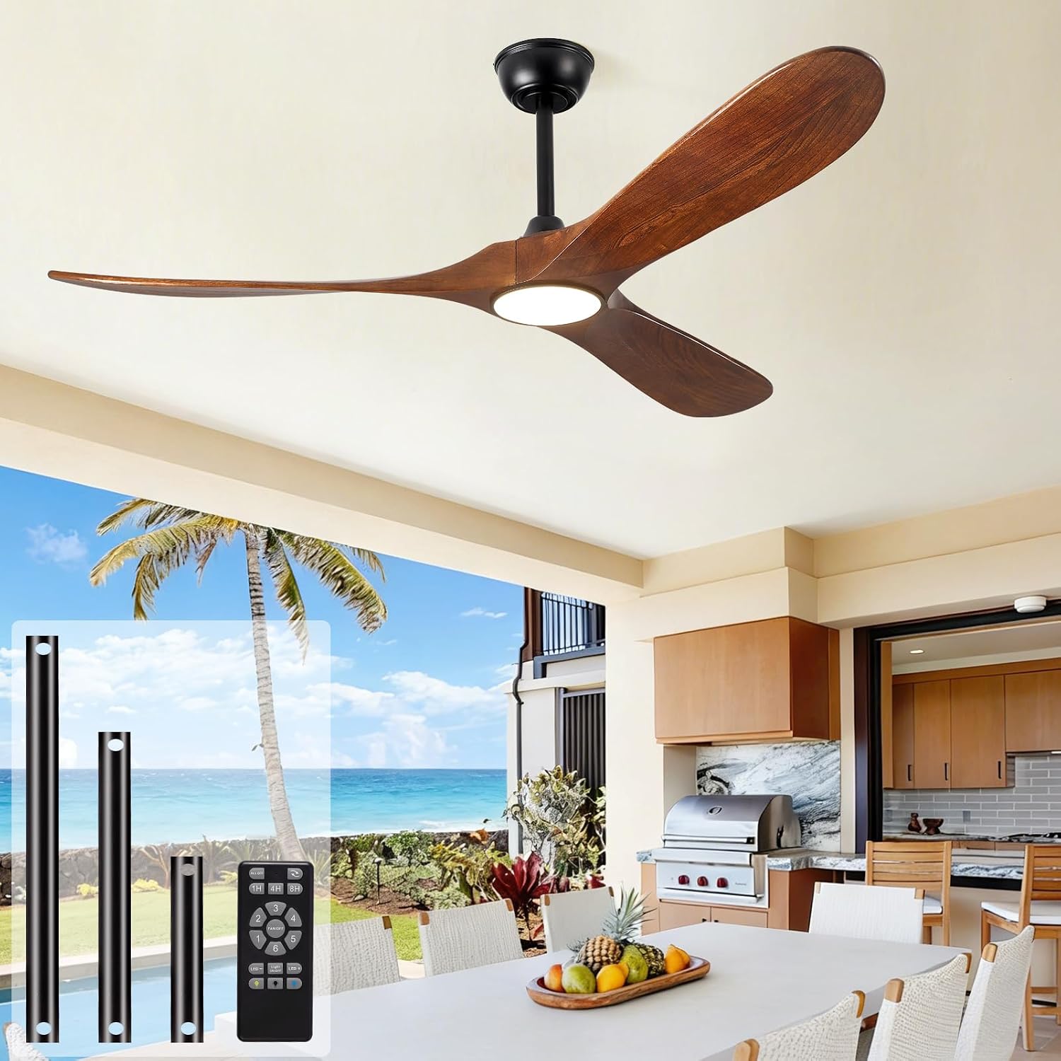72' Ceiling Fan with Light and Remote, 6-Speed Dimmable Outdoor Ceiling Fan, High CFM Quiet 3 Blade Wood Ceiling Fan, Puoyro Modern Propeller Ceiling Fan for Outdoor Indoor Living Patio Porch (Walnut)