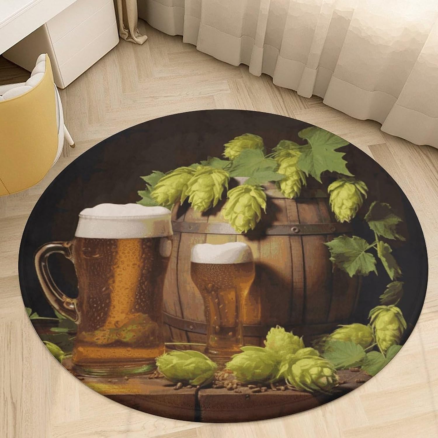 Beer and Hop Cones Coral Velvet Round Floor Mat Non-Slip Bath Rug Floor Covering for Bathroom Vanity Guest Suite & Vacation Home