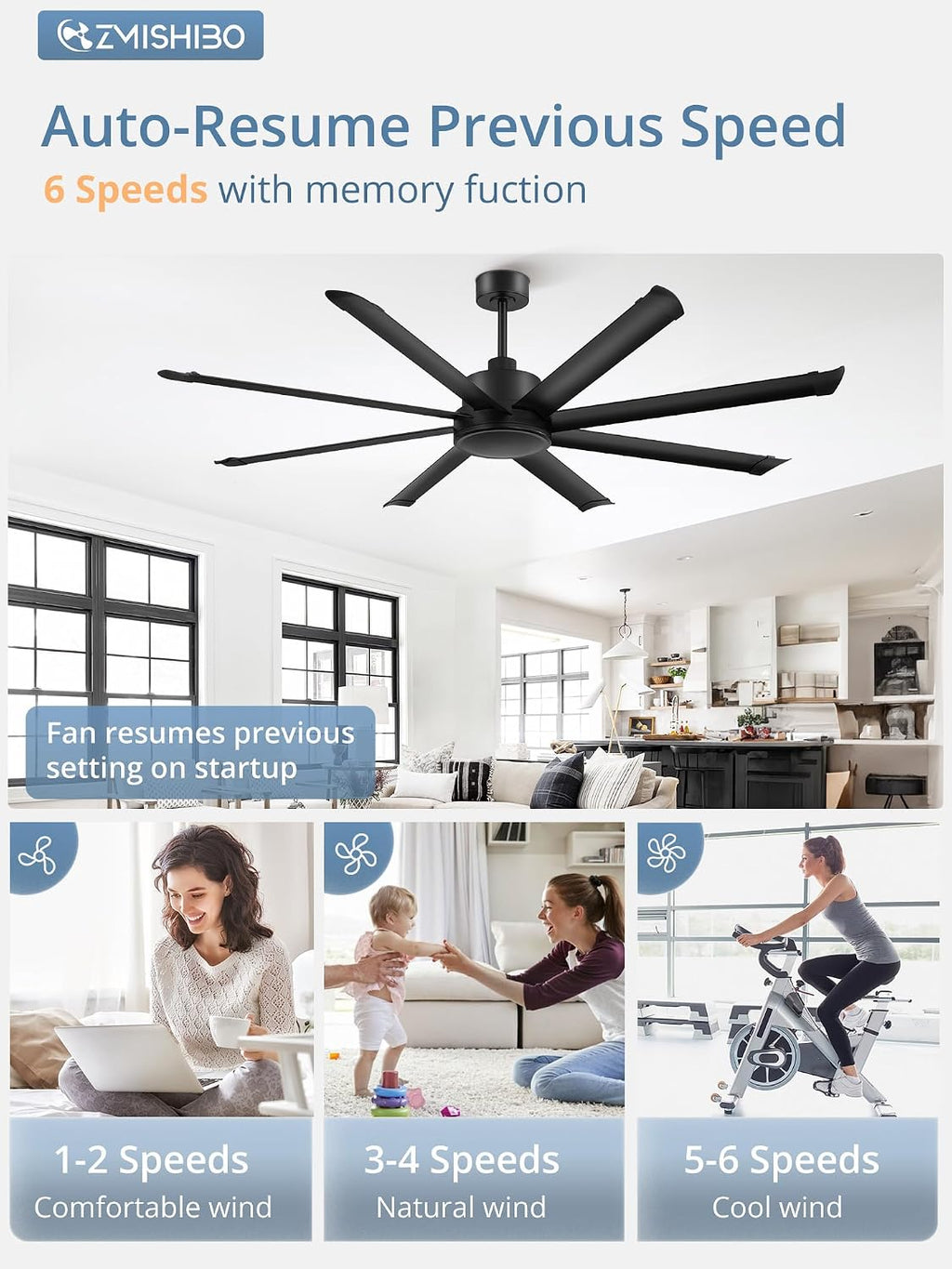 ZMISHIBO 72 Inch Large Ceiling Fan No Light, 8 Aluminum Blades, 6-Speed Remote Control, Industrial Ceiling Fan without Light, Quiet DC Motor, Indoor/Outdoor Ceiling Fans for Patio, Garage, Shop