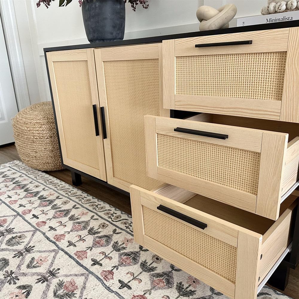 PHI VILLA Black Rattan Cabinet with Doors, Buffet Sideboard Cabinet with Drawers, 2 Door Storage Cabinets