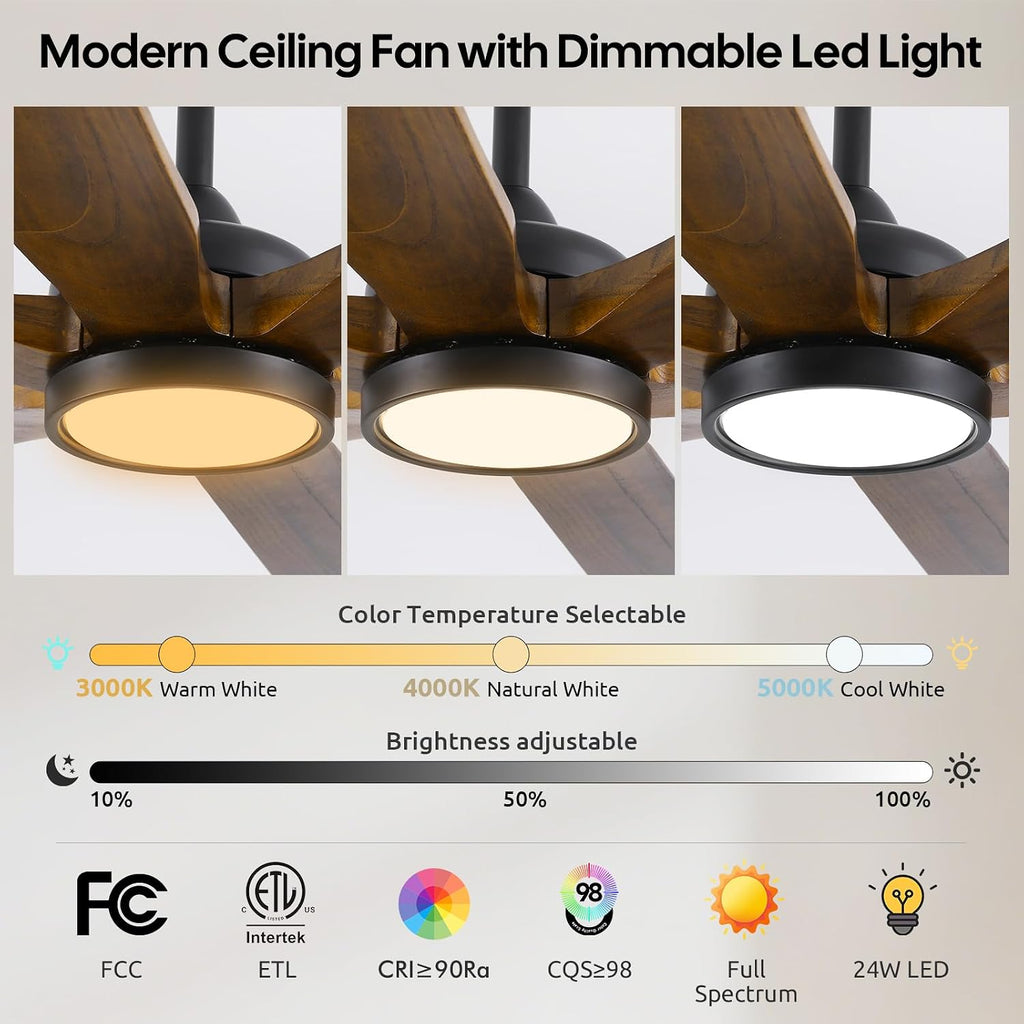 60 Inch Outdoor Ceiling Fan with Light, Smart Modern Farmhouse Ceiling Fan, Remote/Alexa/APP Control, 6 Brown Wood Blade, Damp Rated for Patio Indoor Exterior Use, High CFM Quiet Reversible DC Motor