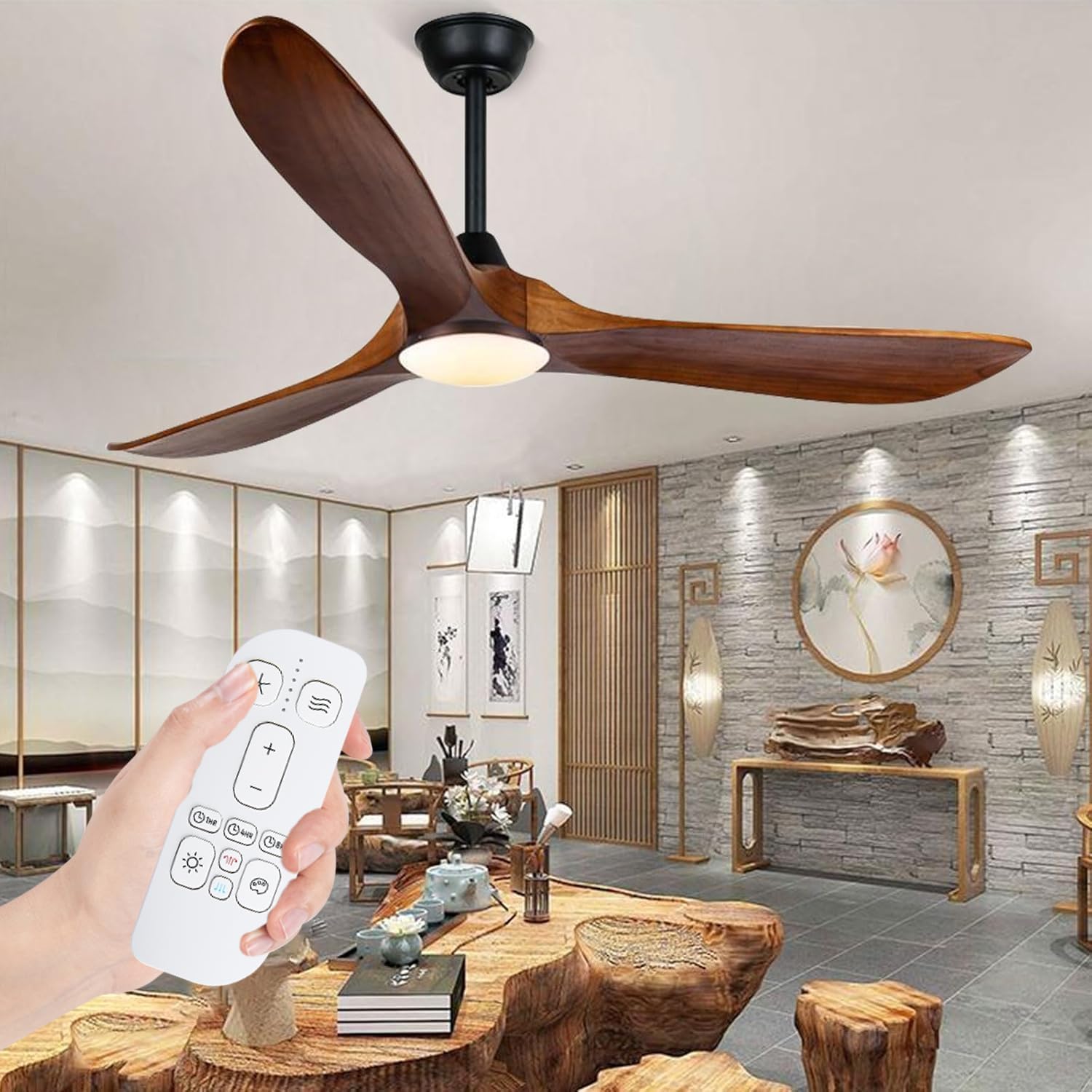 60 Inch Wood Ceiling Fan with Light and Remote, Rustic Farmhouse Ceiling Fan with Reversible DC Motor, Damp Rated Outdoor Ceiling Fans for Patios Porch Commercial, 3 Down Rods