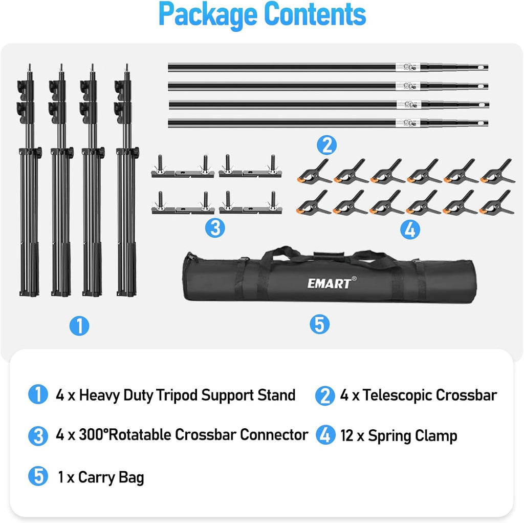 EMART Back Drop Adjustable Stand,10X10X10ft Square Backdrop Stand Heavy Duty Photography Background Support System Kit with 300° Rotatable Connector and 12 Spring Clamp for Party,Wedding,Photo Studio