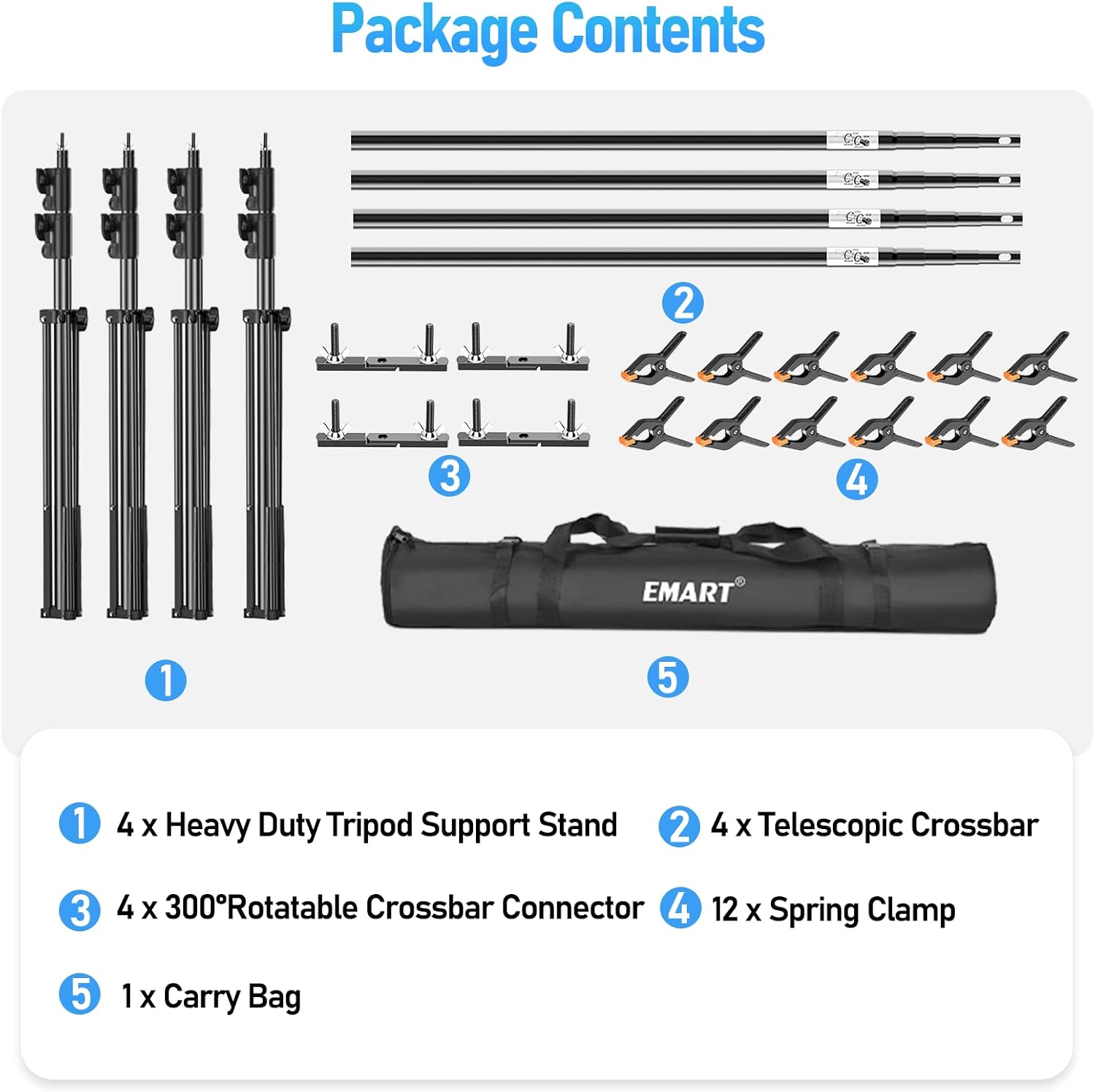 EMART Back Drop Adjustable Stand,10X10X10ft Square Backdrop Stand Heavy Duty Photography Background Support System Kit with 300° Rotatable Connector and 12 Spring Clamp for Party,Wedding,Photo Studio