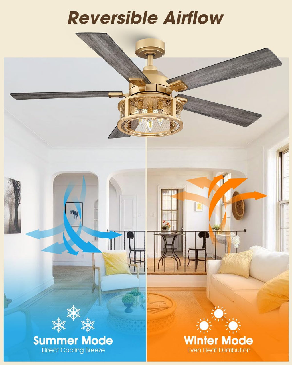 Parrot Uncle 52 Inch Ceiling Fan with Lights and Remote, Rustic Gold Ceiling Fan for Living Room Bedroom, 2 Color Blades, 3 Speeds,3 CCT,Timing and Memory Function(Bulb not included)