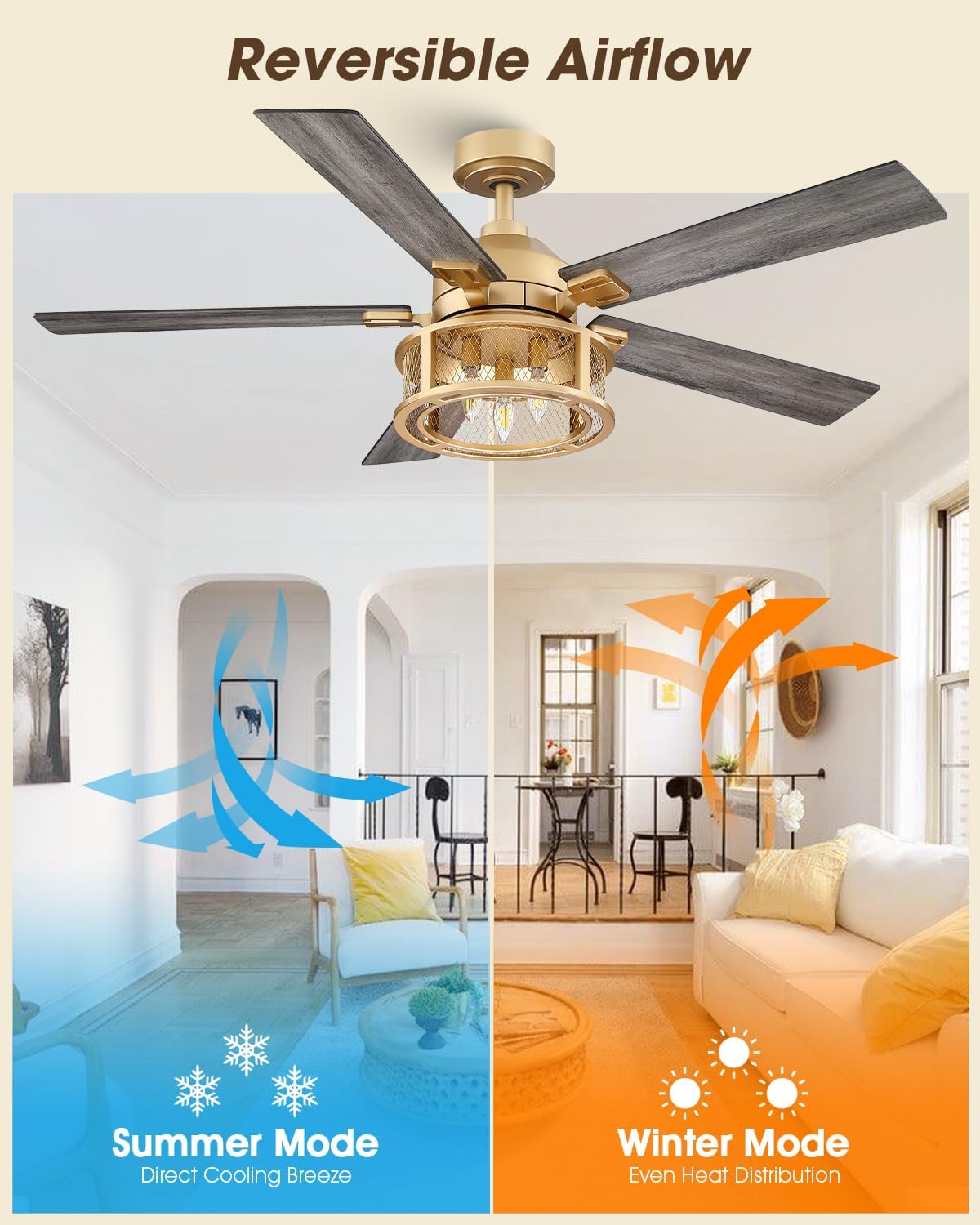 Parrot Uncle 52 Inch Ceiling Fan with Lights and Remote, Rustic Gold Ceiling Fan for Living Room Bedroom, 2 Color Blades, 3 Speeds,3 CCT,Timing and Memory Function(Bulb not included)