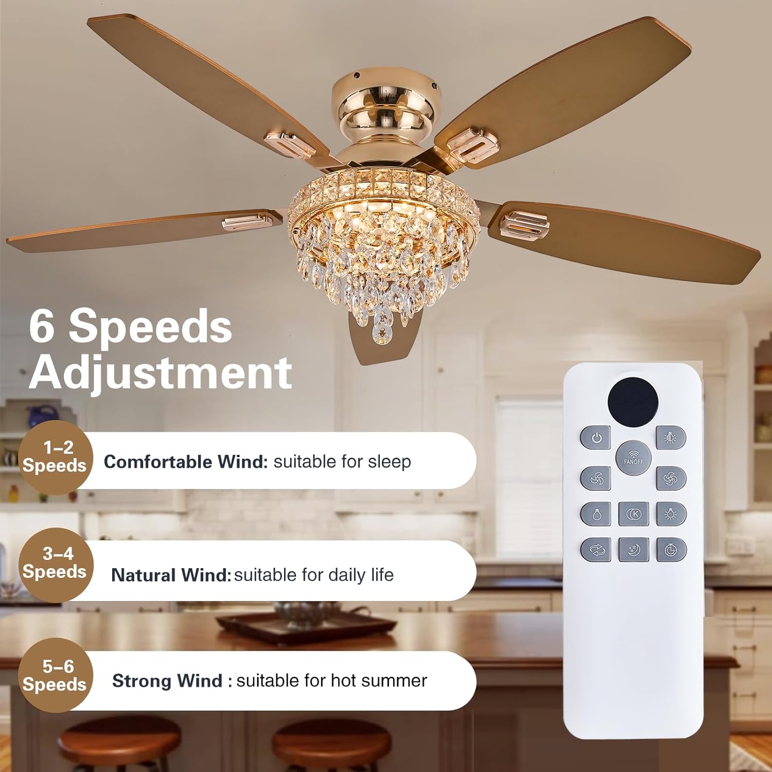 Crystal Ceiling Fan Fandelier with Lights-Ceiling Fans with Lights,50' Low Profile and Remote Control, Flush Mount, Reversible, Dimmable, Noiseless,Gold Ceiling Fan for Bedroom