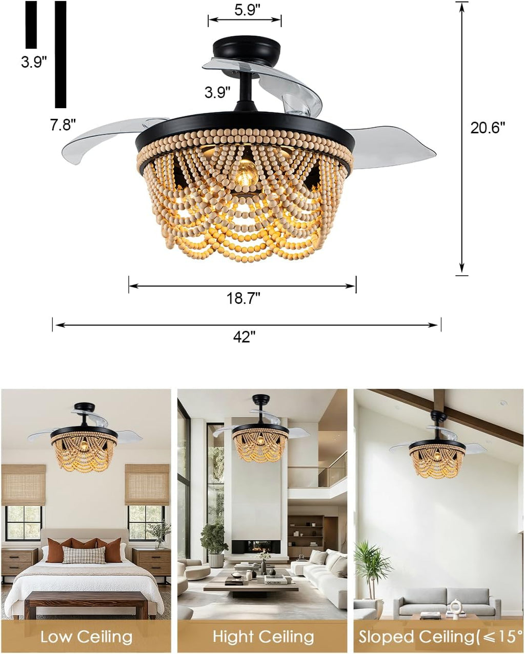 Bella Depot 42 Inch Boho Ceiling Fan with Light, Flush Mount Wood Beaded Fandelier Chandelier Fan, 6 Speeds Reversible Bladeless Ceiling Fan for Bedroom Living Room Kitchen, Black