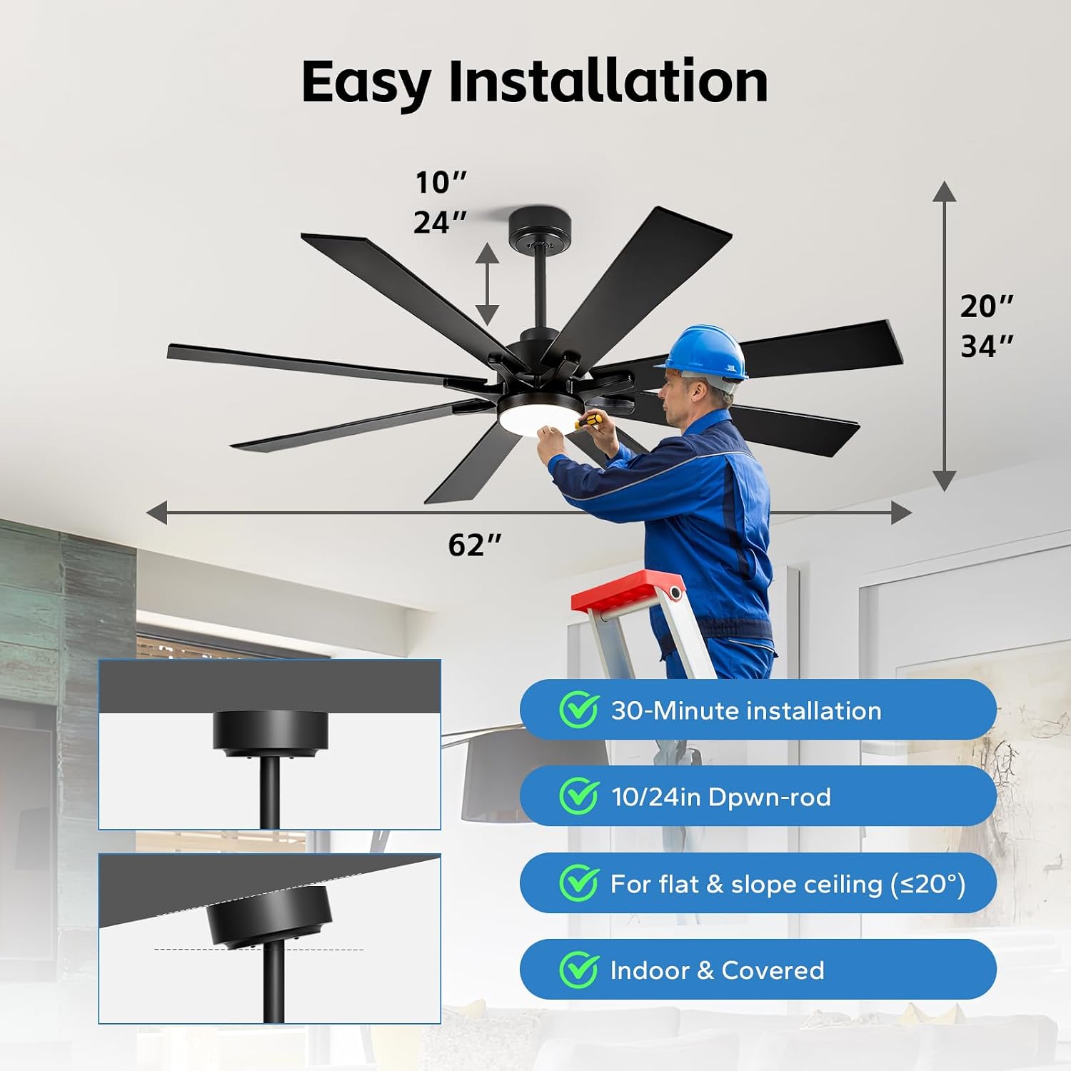 62 Inch Smart Ceiling Fan with Light, Modern Black Industrial Home Lighting & Ceiling fans with App/Voice/Remote Control, Damp-rated Large Airflow DC Outdoor Ceiling Fans for Patios Porch Outside