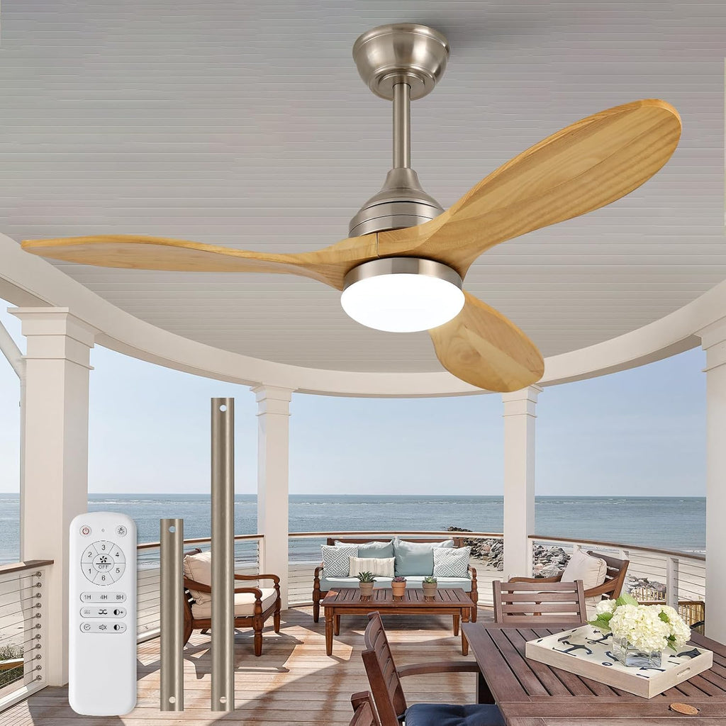 OKDNEG 42 Inch Ceiling Fans with Lights and Remote, Brushed Nickel 3 Blade Outdoor Ceiling Fans,3CCT Dimmable,Timer,Quiet DC Motor,6 speed,Indoor Outdoor Ceiling Fan for Offices Farmhouse Gazebo Patio