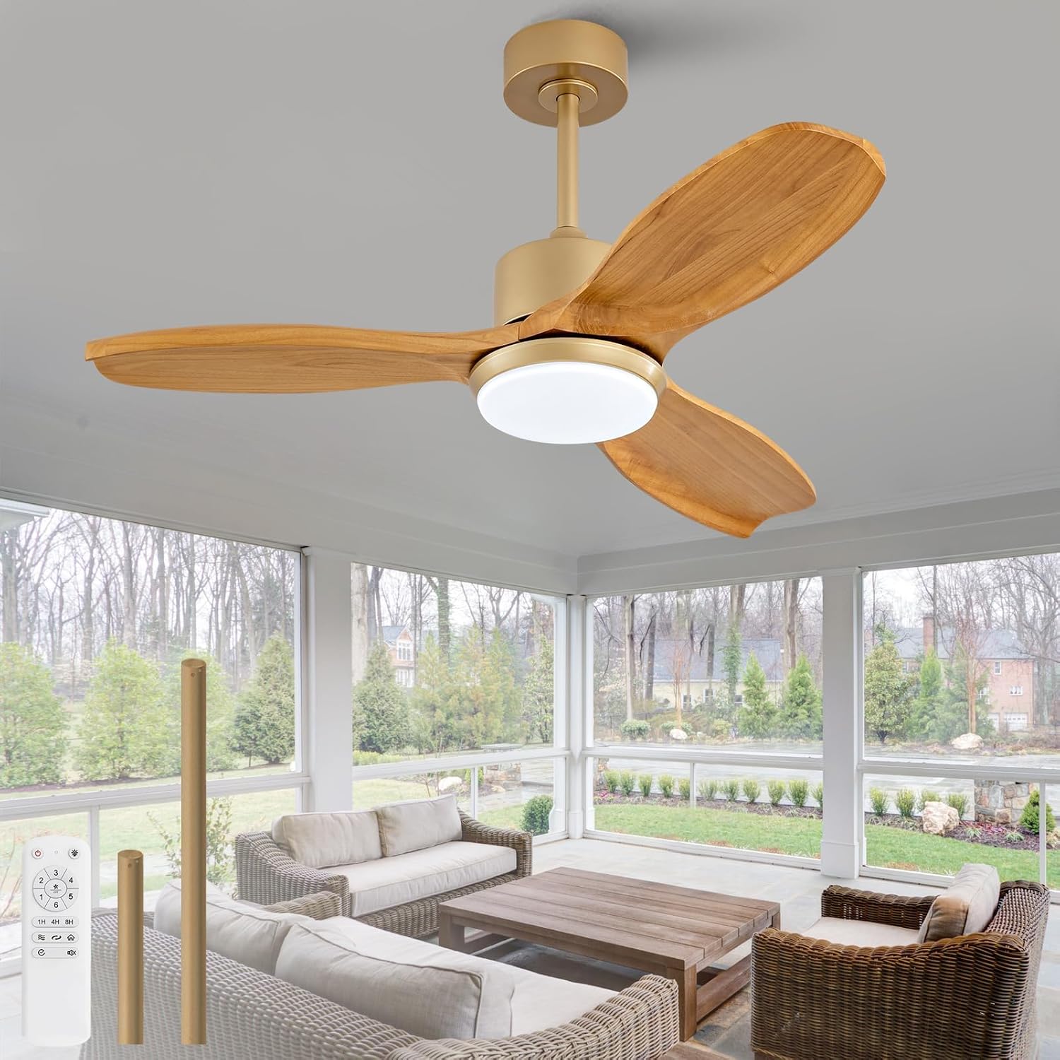 KBZZ 42 Inch Ceiling Fans with Lights and Remote, Solid Wood Blades, Dimmable, Reversible DC Motor, Memory Function, Modern Indoor Outdoor Ceiling Fan with Light for Patio Bedroom (Gold)