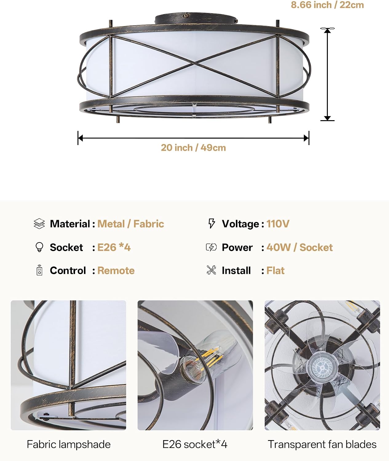 Black Flush Mount Farmhouse Ceiling Fan with Lights, 20' Caged Rustic Ceiling Fans with Light and Remote, Enclosed with 6 Speeds for Living Room, Bedroom, Nursery