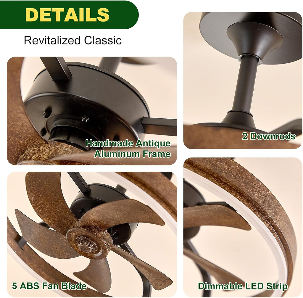Farmhouse Fandelier Retro Ceiling Fan with Light, 20' Rustic Brown Dimmable LED Chandelier Ceiling Fans, Low Profile Smart Bladeless Ceiling Fan Lights 6 Speeds for Bedroom, Living Room